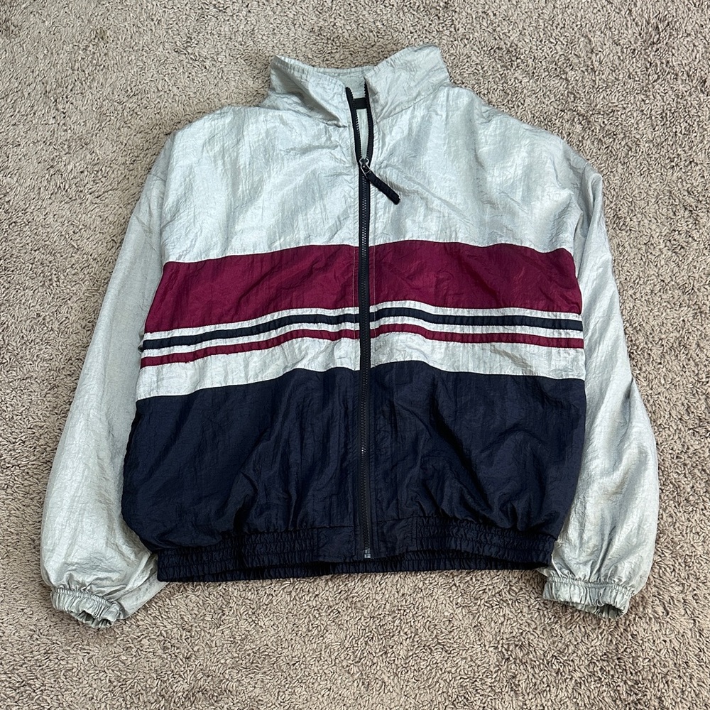 VTG Winner Men’s Windbreaker Jacket Lining Full Zip Silver Navy Colorblock Sz L